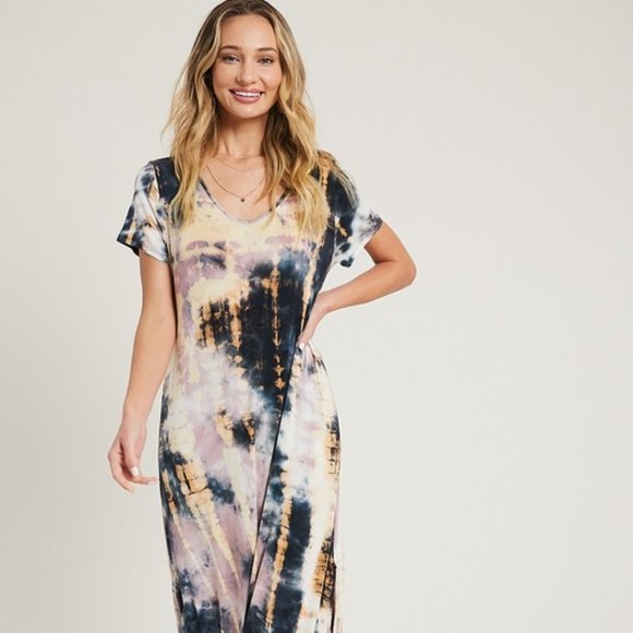 INDIE Black, Mauve & Cream Tie Dye Maxi Dress w/ Pockets - Picture 3 of 8